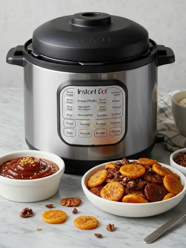  A modern kitchen with an Instant Pot surrounded by hearty dishes like chili, rice, and steamed vegetables.