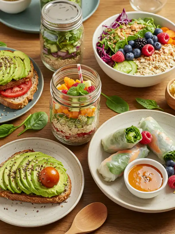 A colorful spread of fresh, uncooked dishes like salads, wraps, fruit bowls, and yogurt parfaits on a sunny kitchen counter.