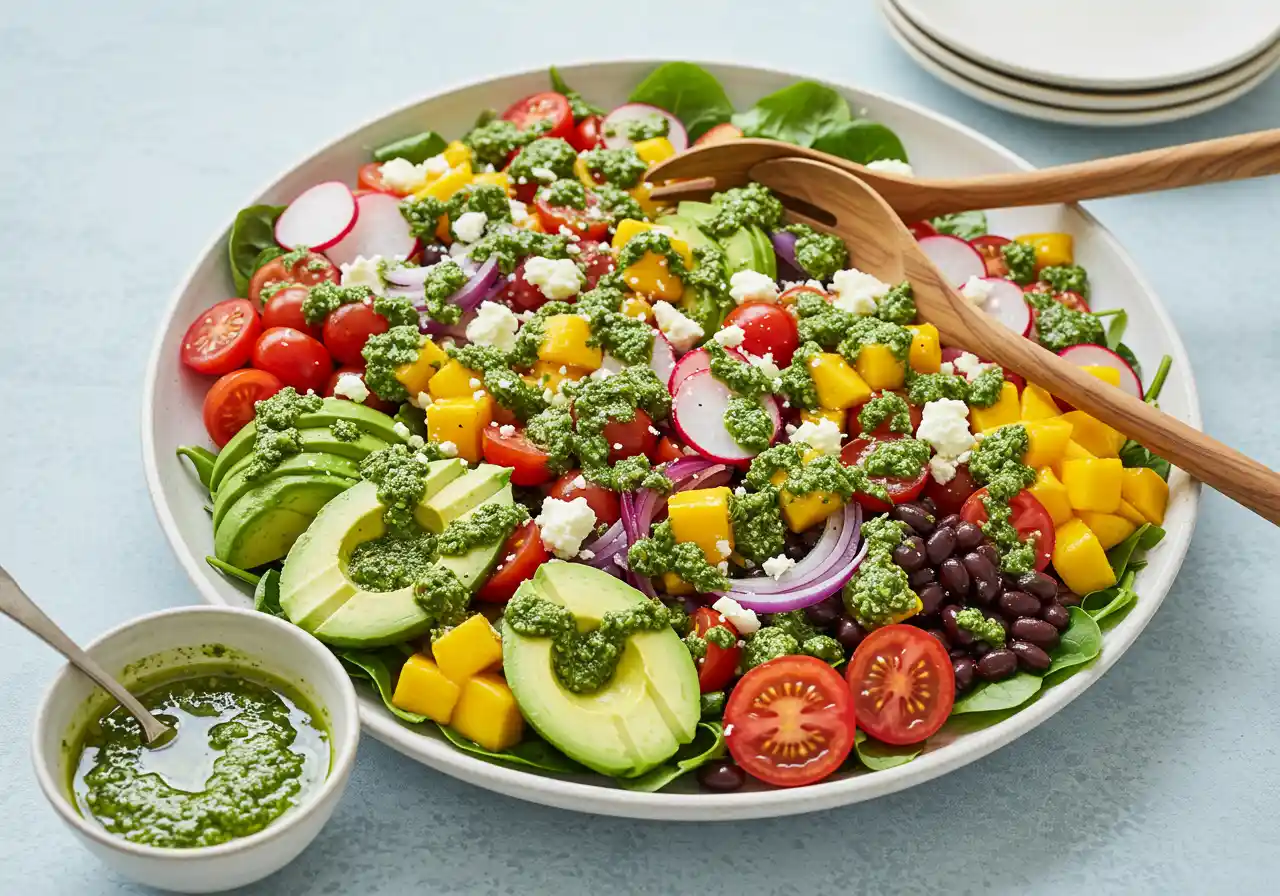 Salad Recipe A vibrant bowl of mixed greens topped with cherry tomatoes, sliced cucumbers, red onions, avocado, and a drizzle of vinaigrette.