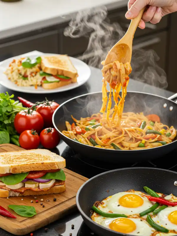 A clock next to a countertop with various quick-prep meals like pasta, stir-fry, and sandwiches ready to serve.
