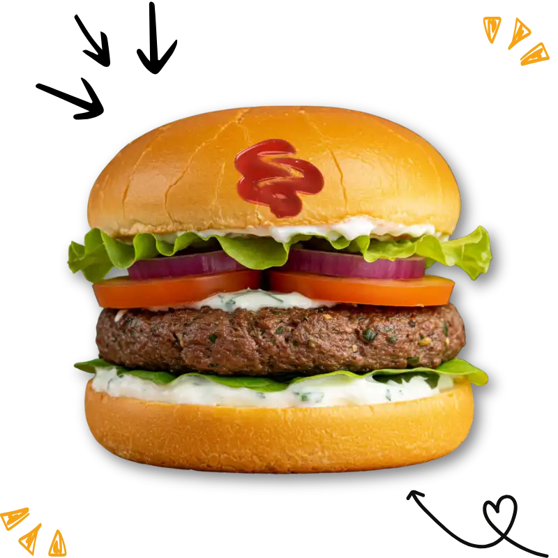 burger dish Classic beef burger with lettuce, tomato, cheese, and pickles in a toasted bun.